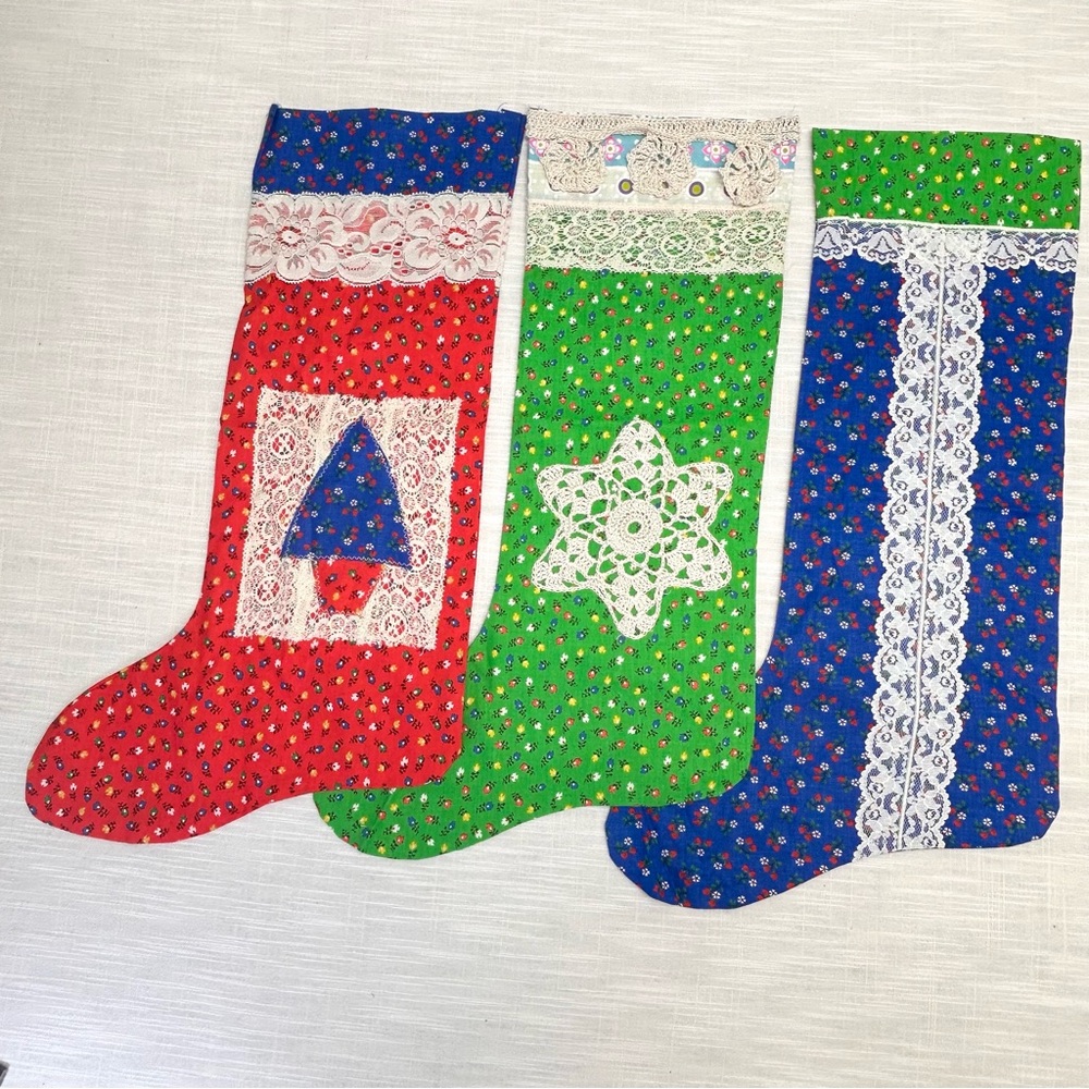 Vintage Hand Made Stockings Appliqué CottageCore Farmhouse Calico Ditsy Floral